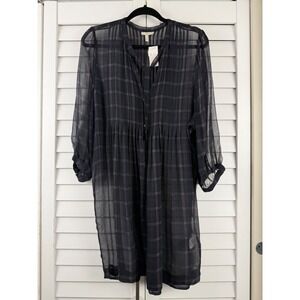 Joie Plaid Silk Tunic Women L Black Sheer Split Tie Neck Lightweight NEW